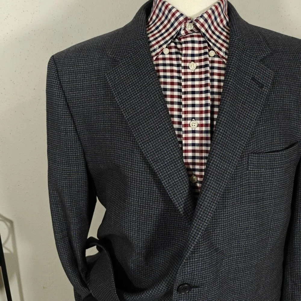 JOS A BANK Men's Flannel Sport Coat Blazer Two‎ Button Navy Houndstooth Wool 46R